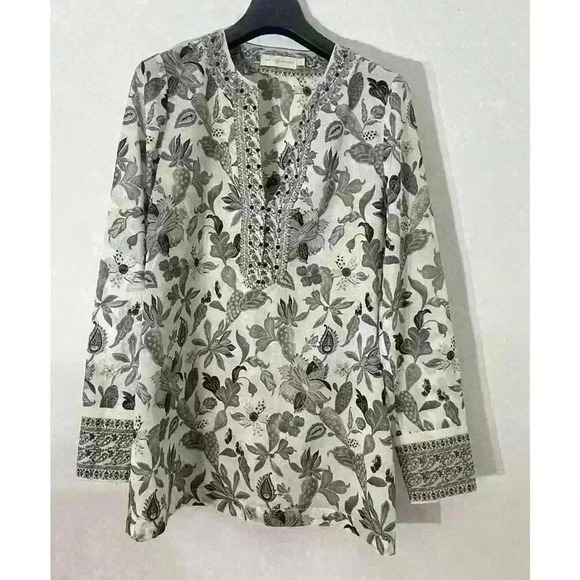 TORY BURCH Embellished Botanical Print Tunic Size 2 Floral Green Tan - Picture 5 of 9